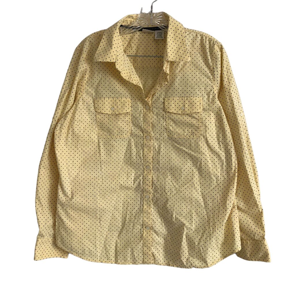 L. L Bean Women's Blouse Shirt Size XL Polka Dot Yellow Stretch Roll Tab Sleeve